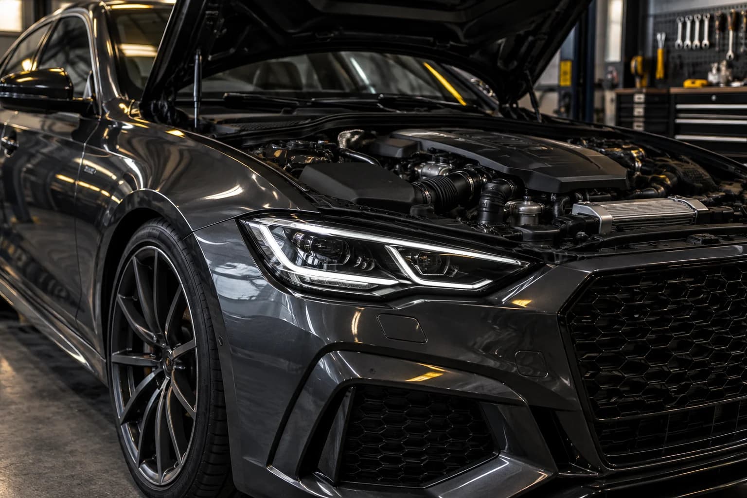 Illustration: graphite sport sedan with open hood