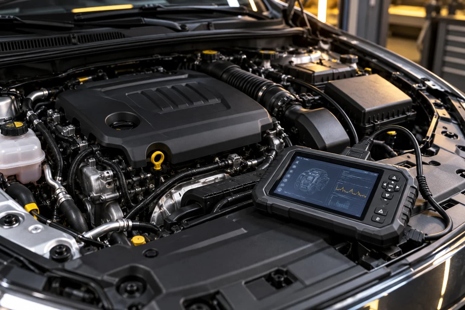 Illustration: engine bay and diagnostic equipment
