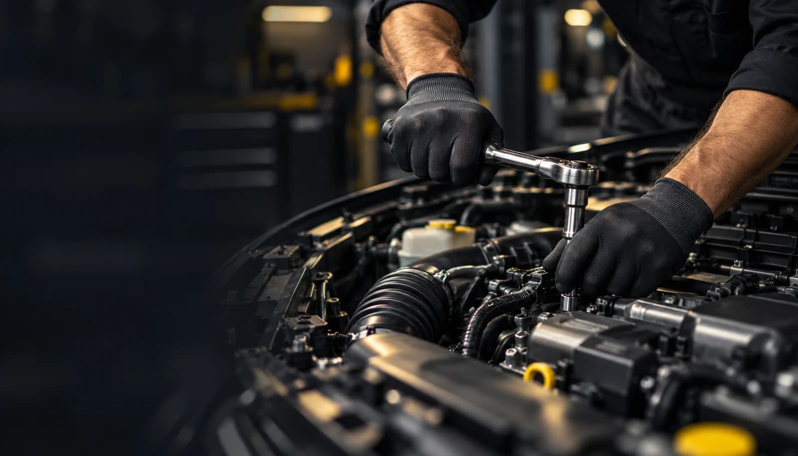 Illustration of a mechanic working on a vehicle engine