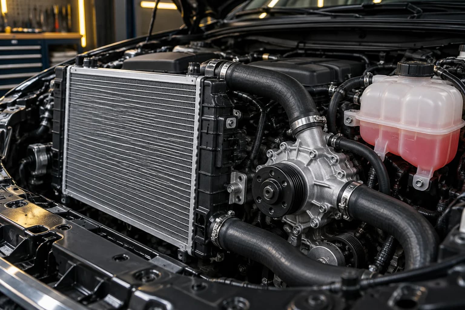 Illustration: radiator, coolant hoses and water pump