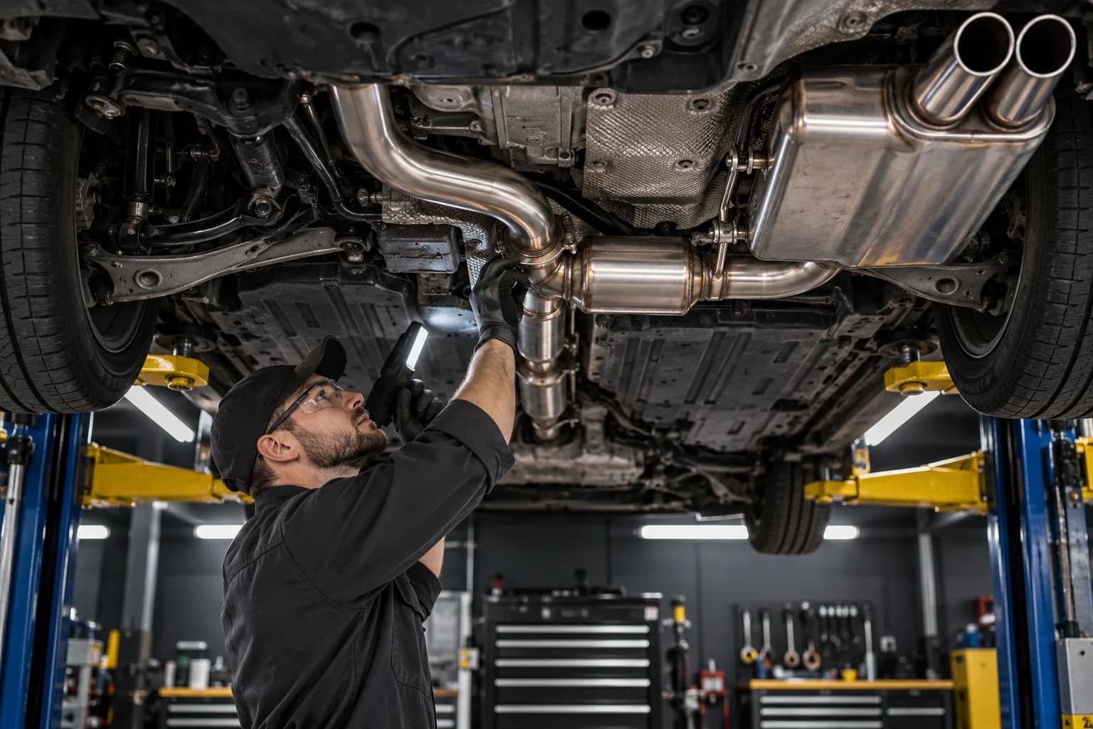 Illustration: inspection of an exhaust system beneath a raised car