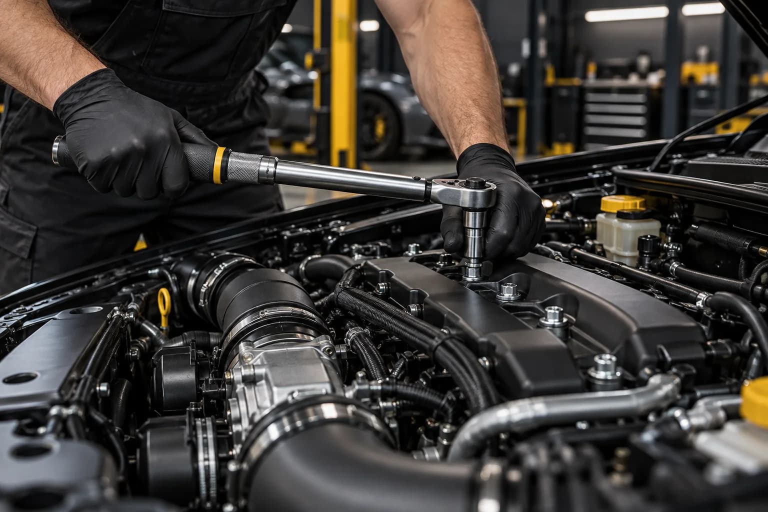 Illustration: mechanic using a torque wrench on a performance engine